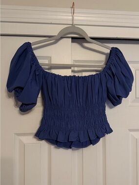 Abercrombie & Fitch Navy Blue Off-Shoulder Smocked Puff Sleeve Crop Top